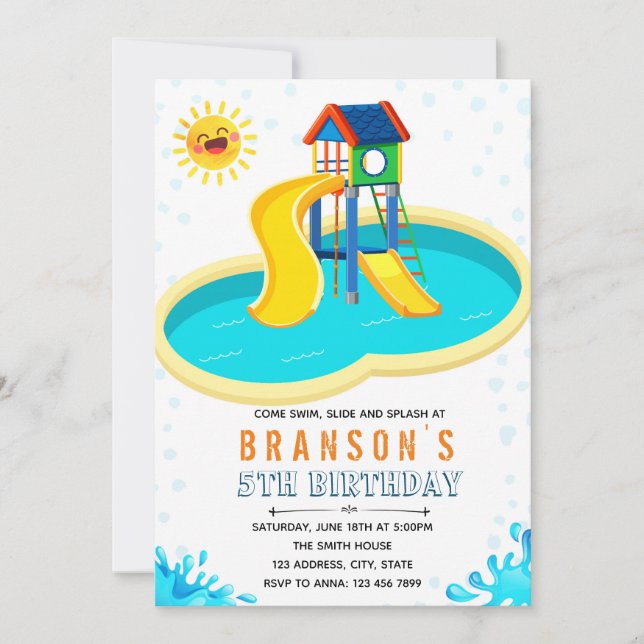 Cute water park birthday theme invitation (Front)