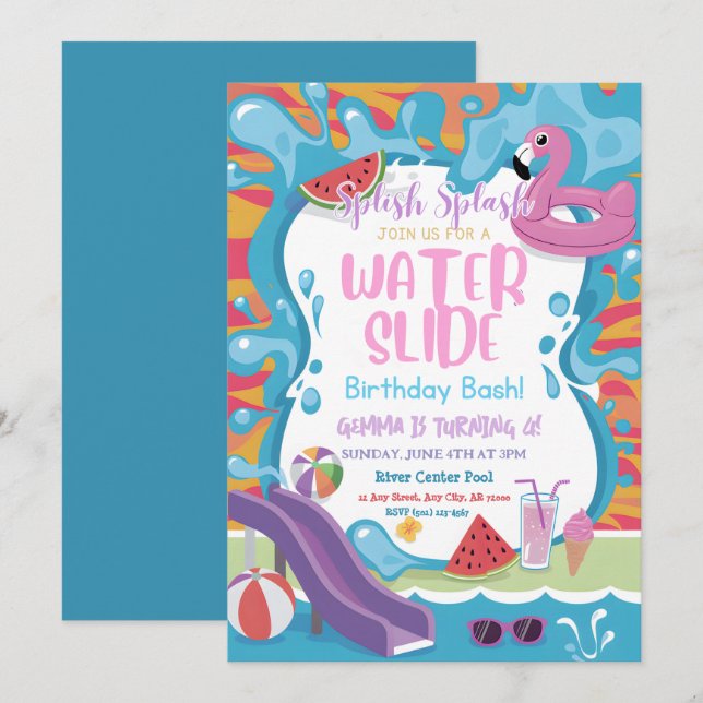 Cute Water Slide Pool Kids Birthday Party  Invitation (Front/Back)
