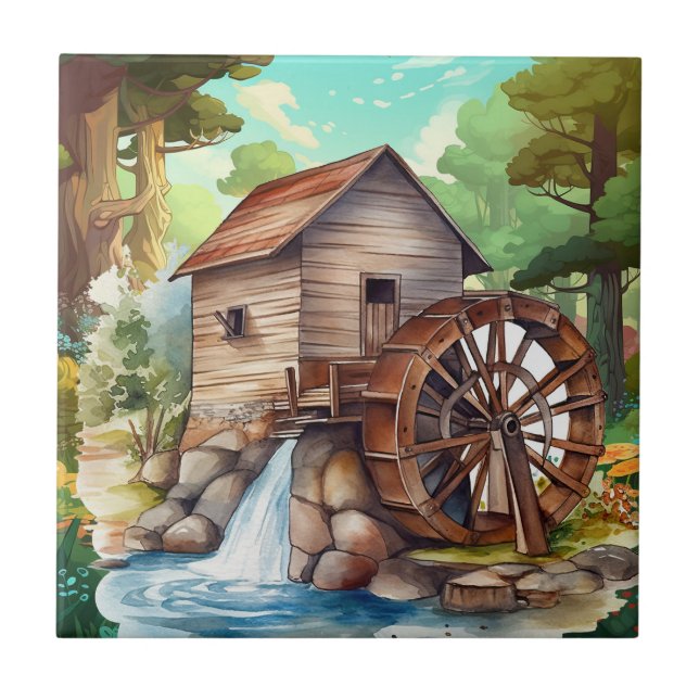 cute water wheel Country  Ceramic Tile (Front)