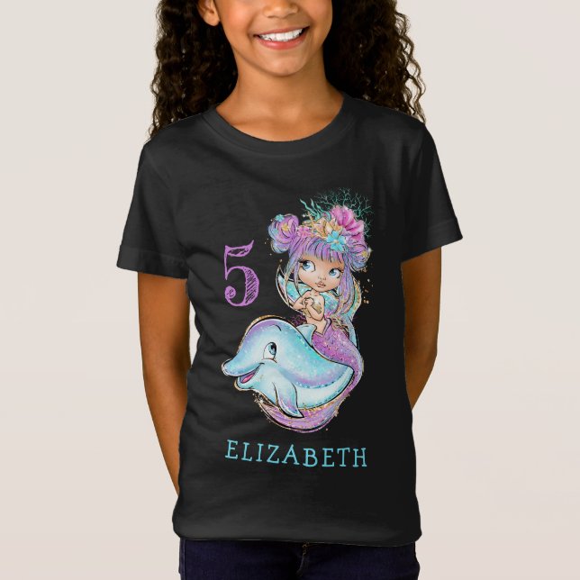 Cute Waterco Mermaid with Dolphin Birthday T-Shirt (Front)