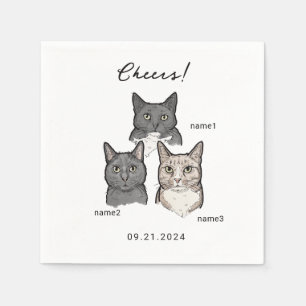 Cute Watercolor 3 Cats Cheers Wedding Cocktail Napkins