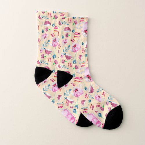 Cute Watercolor Afternoon Tea Party Florals Teapot Socks