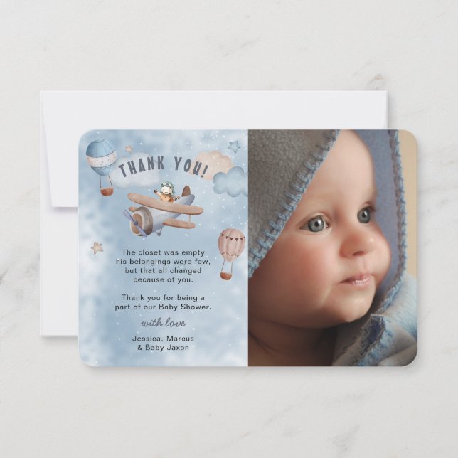 Cute Watercolor Airplane Aviation Boy Baby Shower Thank You Card (Front)