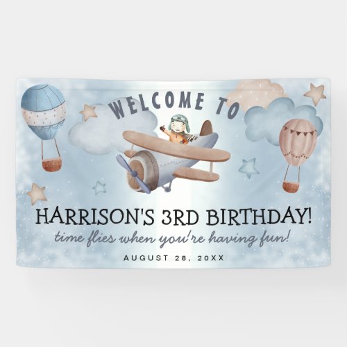 Cute Watercolor Airplane Boy Birthday Party Banner