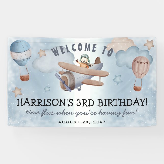 Cute Watercolor Airplane Boy Birthday Party Banner (Horizontal)
