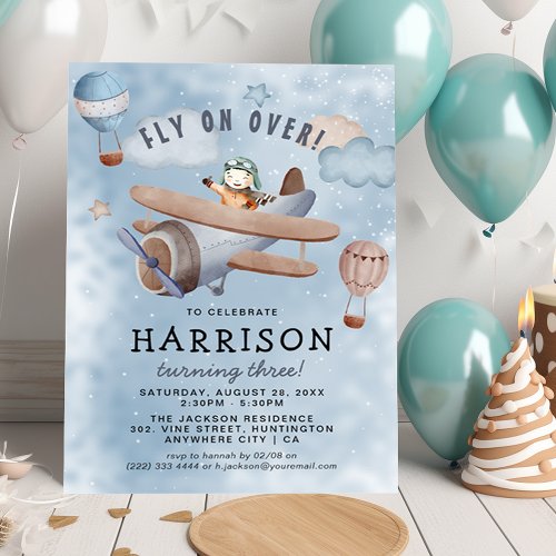 Cute Watercolor Airplane Boy Birthday Party Invitation