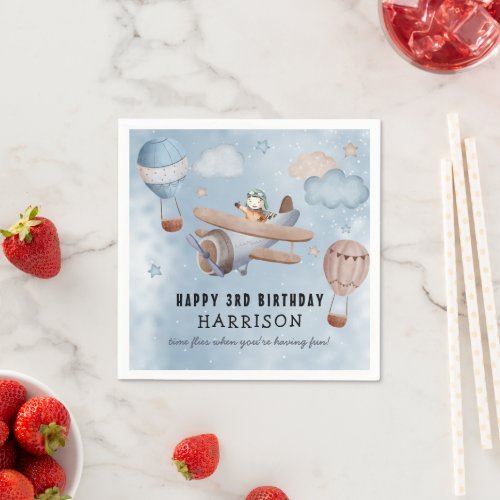 Cute Watercolor Airplane Boy Birthday Party Napkins