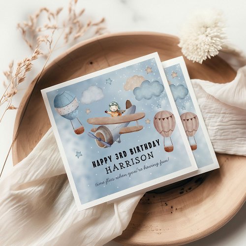 Cute Watercolor Airplane Boy Birthday Party Napkins