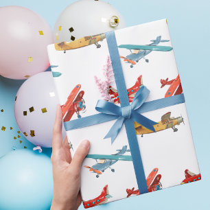 Cute Watercolor Airplanes Flying in Sky Wrapping Paper