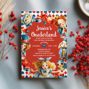 Cute Watercolor Alice in ONEDERLAND 1st Birthday Invitation