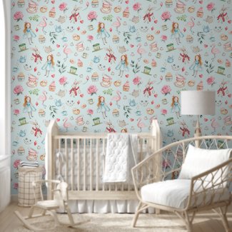 Cute Watercolor Alice in Wonderland Aqua Nursery