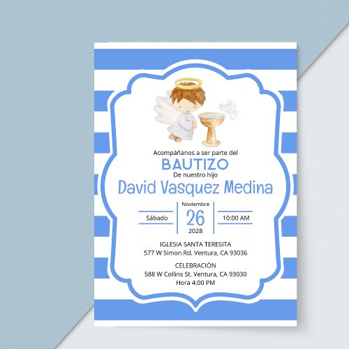 Cute Watercolor Angel Boy Baptism in Spanish  Invitation