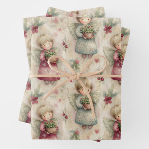Cute Watercolor Angel Christmas Potted Floral Wrapping Paper Sheets