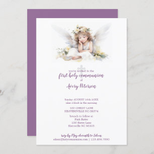 Cute Watercolor Angel Cross First Holy Communion Invitation
