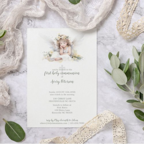 Cute Watercolor Angel Cross First Holy Communion Invitation