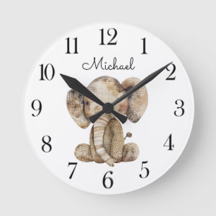 Cute Watercolor Animal Elephant Nursery Round Clock