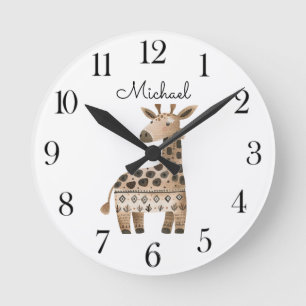 Cute Watercolor Animal Giraffe Nursery Round Clock