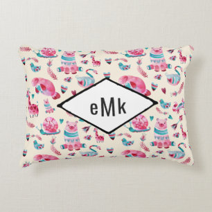 Cute Watercolor Animal Pattern with Monogram Accent Pillow