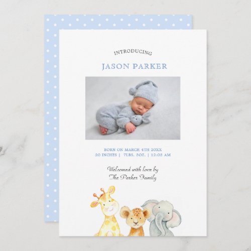 Cute watercolor animals Baby Boy Photo birth  Announcement