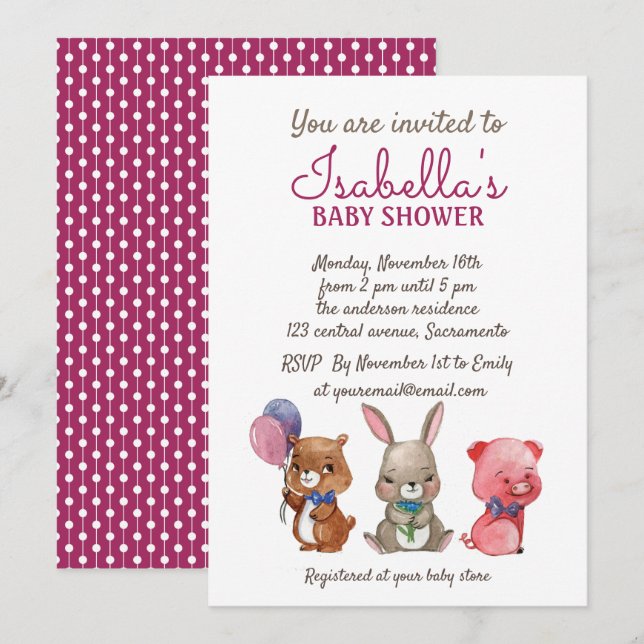 Cute Watercolor Animals Baby Shower Invitation (Front/Back)
