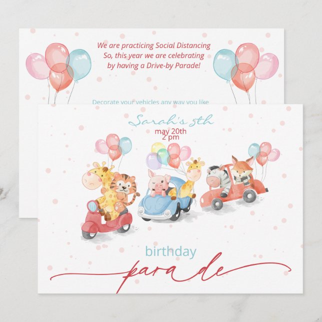 Cute Watercolor Animals Birthday Parade Invitation (Front/Back)