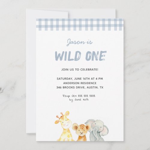 Cute watercolor animals wild one Boy Birthday  Invitation