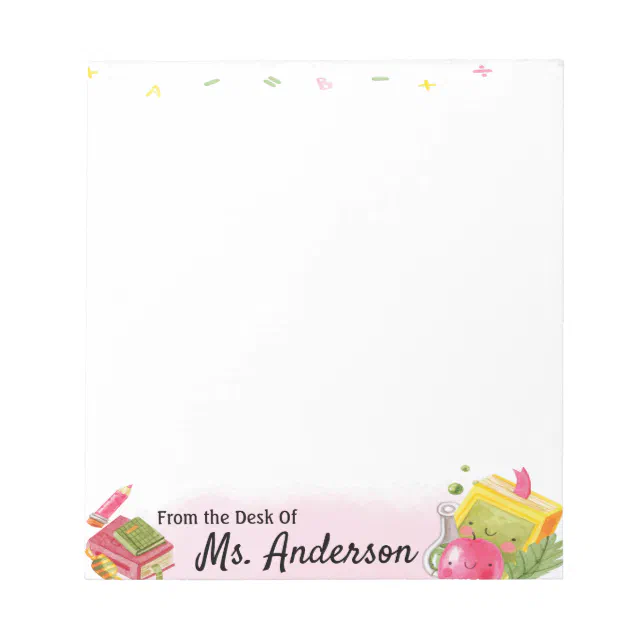 Cute Watercolor Apple Teacher Name School Class Notepad | Zazzle