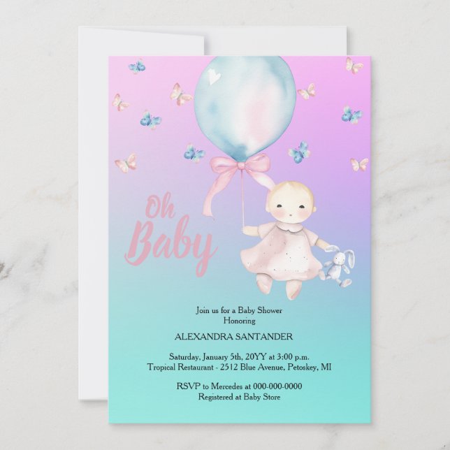Cute Watercolor Aqua & Purple Baby Shower Invitation (Front)