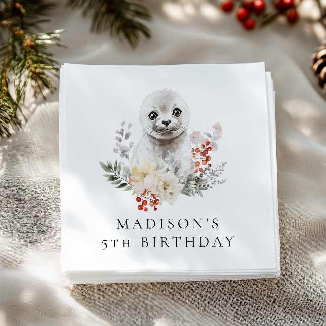 Cute Watercolor Arctic Seal Birthday Party Napkins (Creator Uploaded)