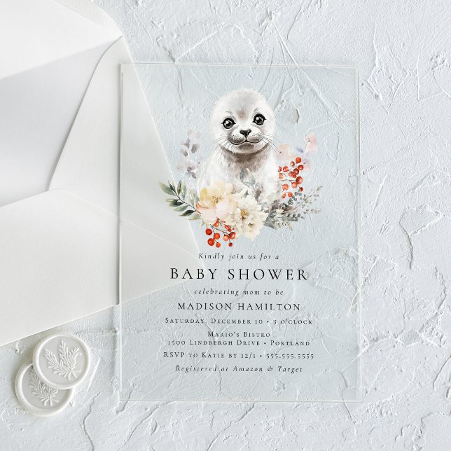 Cute Watercolor Arctic Seal Winter Baby Shower Acrylic Invitations (Creator Uploaded)