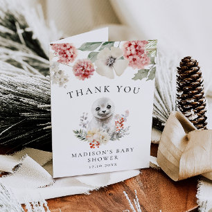 Cute Watercolor Arctic Seal Winter Baby Shower Thank You Card