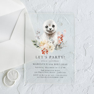 Cute Watercolor Arctic Seal Winter Birthday Party Acrylic Invitations