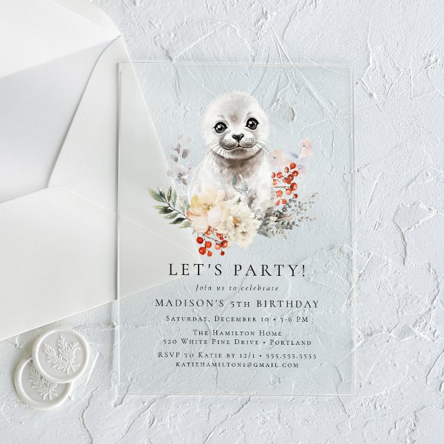 Cute Watercolor Arctic Seal Winter Birthday Party Acrylic Invitations (Creator Uploaded)