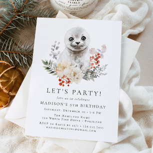Cute Watercolor Arctic Seal Winter Birthday Party Invitation