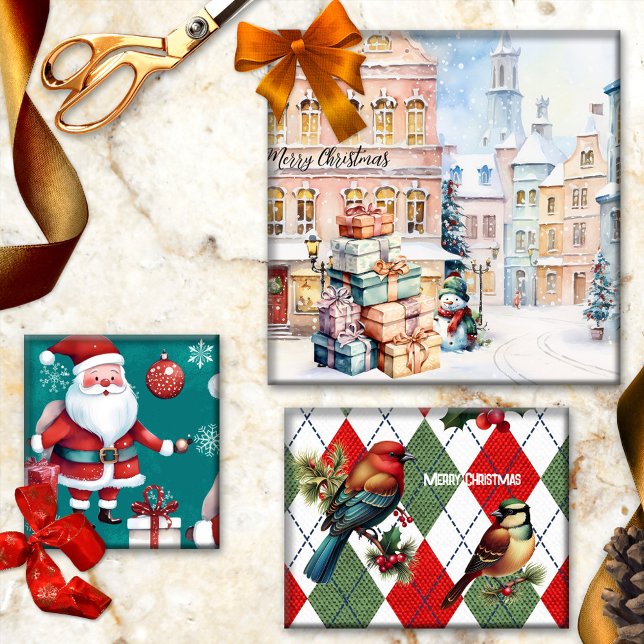 Cute Watercolor Artistic Christmas Wrapping Paper Sheets (Cute Christmas wrapping paper sheets with Santa, snowman, watercolor snow in the city, argyle birds)