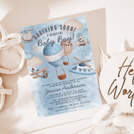 Cute Watercolor Aviation Blue Boy Baby Shower Invitation