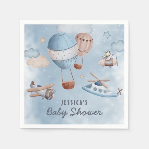 Cute Watercolor Aviation Blue Boy Baby Shower Napkins