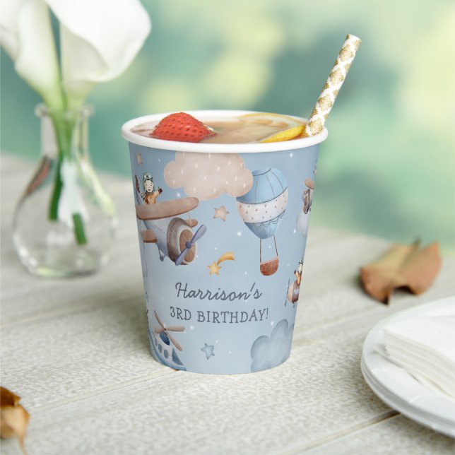 Cute Watercolor Aviation Boy Birthday Paper Cups (Insitu)