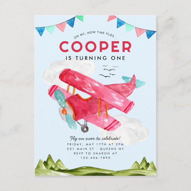 Cute Watercolor Aviation Sky Red Airplane Birthday Postcard (Front)