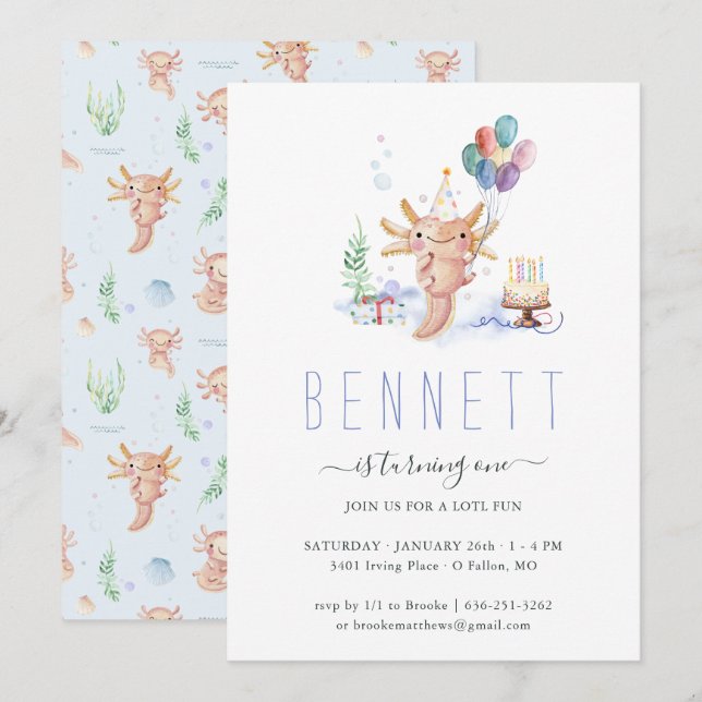 Cute Watercolor Axolotl Birthday Party Invitation (Front/Back)