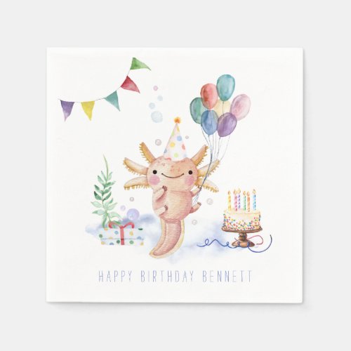 Cute Watercolor Axolotl Birthday Party   Napkins