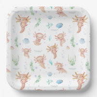 Cute Watercolor Axolotl Birthday Party Paper Plat