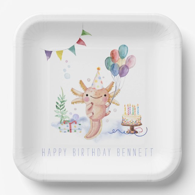 Cute Watercolor Axolotl Birthday Party  Paper Plates (Front)