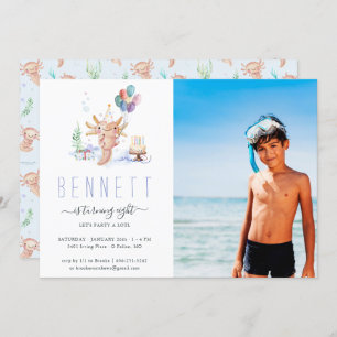 Cute Watercolor Axolotl Birthday Party Photo Invitation