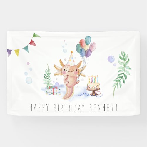 Cute Watercolor Axolotl Birthday Party Welcome Banner