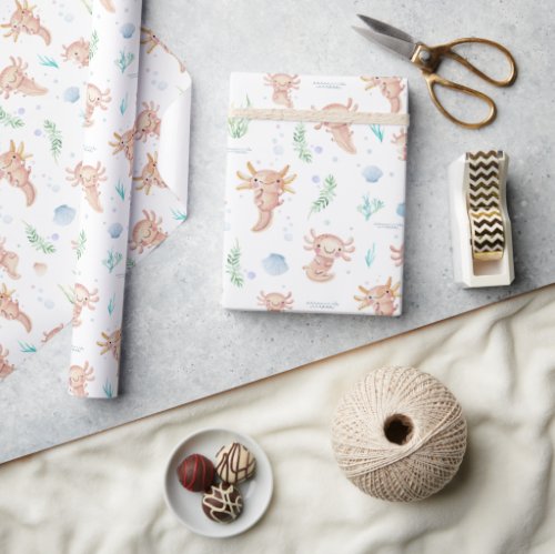 Cute Watercolor Axolotl Birthday Party Wrapping Paper