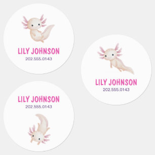 Cute Watercolor Axolotl Custom Kids School Name Labels