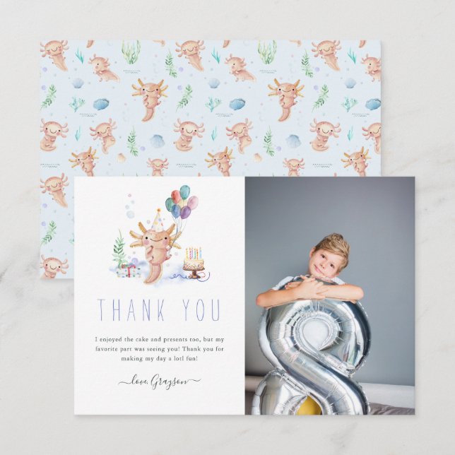 Cute Watercolor Axolotl Thank You Photo Card (Front/Back)