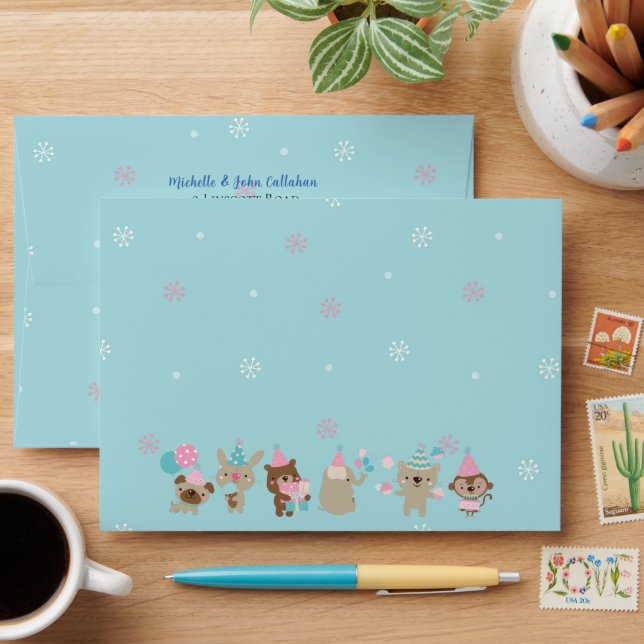 Cute Watercolor Baby Animals Aqua Birthday Envelop Envelope (Desk)