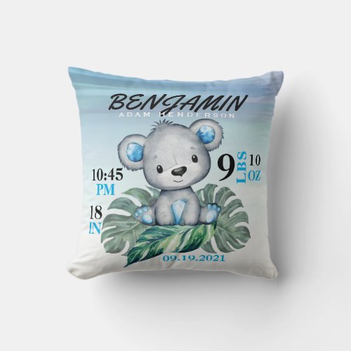 Cute Watercolor Baby Bear Birth Stats Throw Pillow